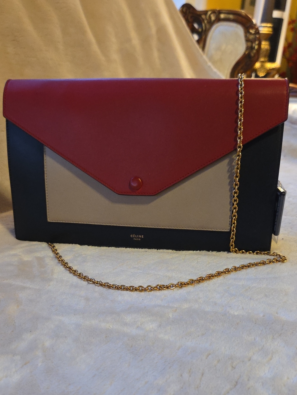 Celine Tricolor Envelope Clutch/Bag in Red, Black & Cream